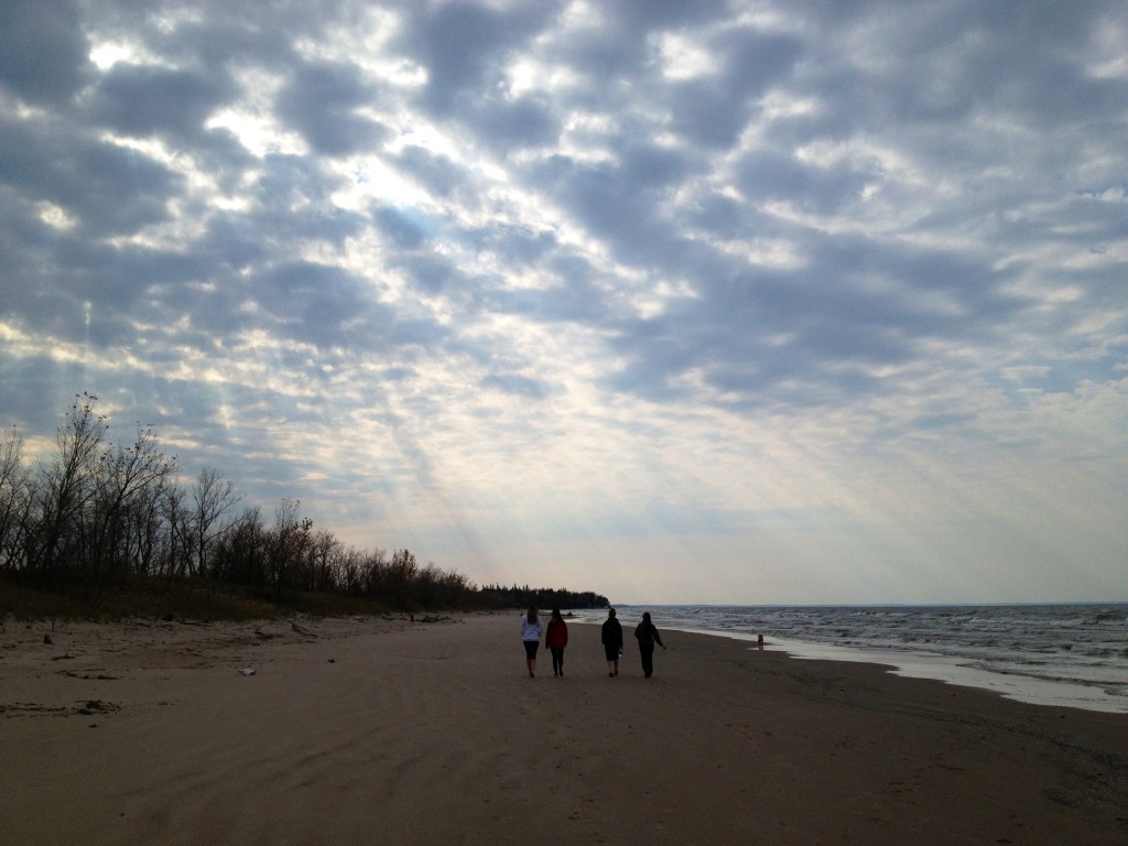 students walk down the shoreline of lake ontario